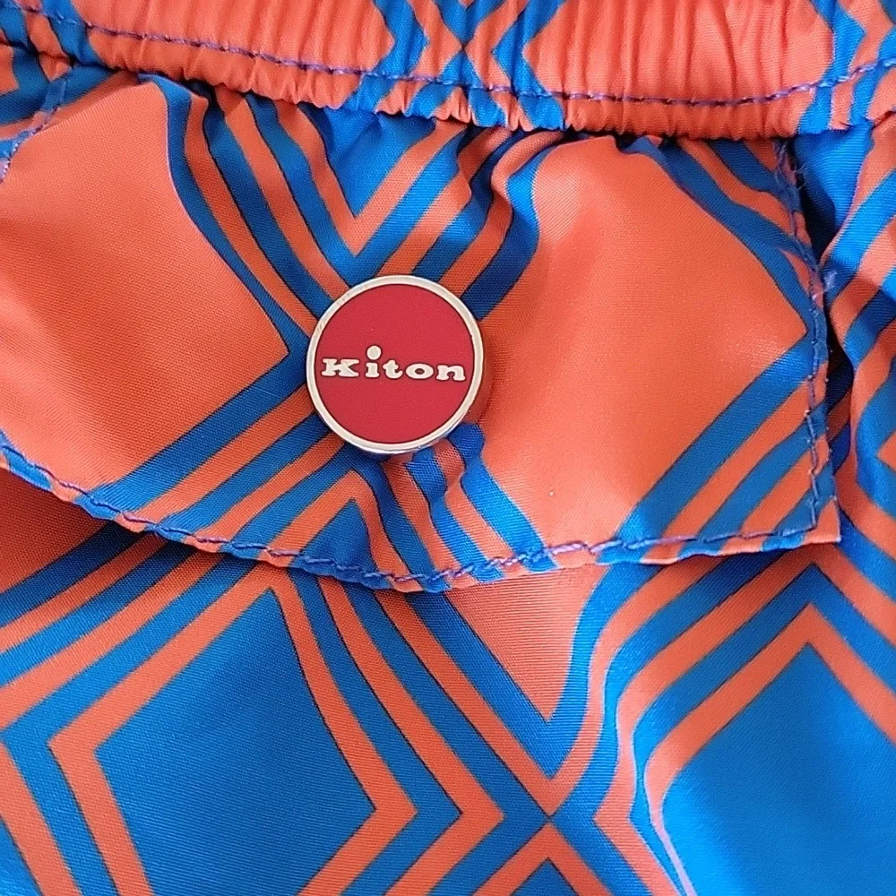 Kiton Orange and Blue Geometric Swim Shorts Sz XL Retail $345